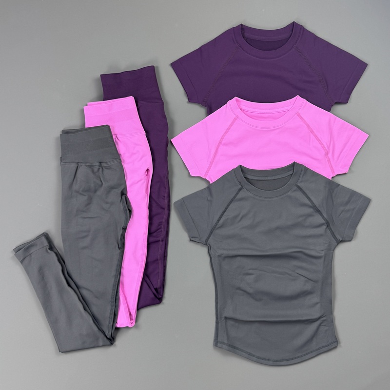 Pilates Yoga Kit - 2 ピースジムセット女性ラグラン半袖スポーツトップハイウエストシームレスレギンス生地お尻整形スキニーパンツピラティス衣装