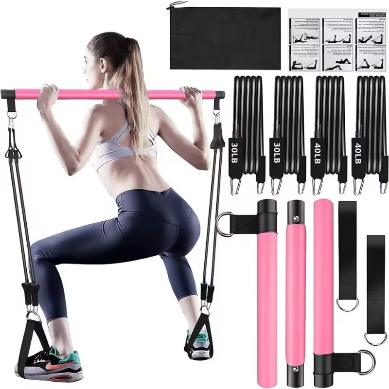 Pilates Yoga Barı - ピラティスバーキット、レジスタンスバンド付き、重ねて使えるバンド、脚、ヒップ、ウエスト、腕のエクササイズ用、女性＆男性向けホームジムヨガ