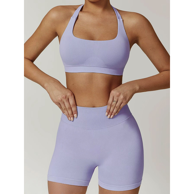 Pilates Yoga Kit - セクシーなホルターネック、美しい背中見せ、ハイウエスト、ピーチカラーのスポーツブラとショートパンツのセット、ピラティス、ヨガ、トレーニング、フィットネスブラセット